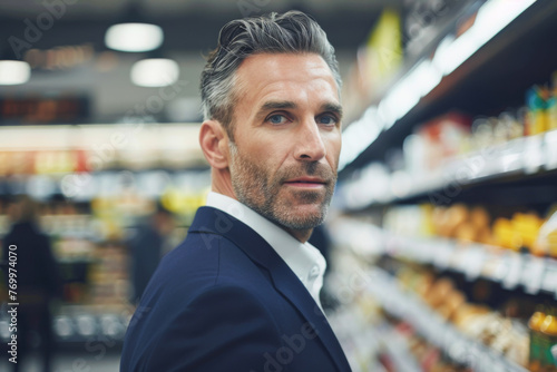 Portrait of mature businessman standing in aisle of supermarket and looking at camera 