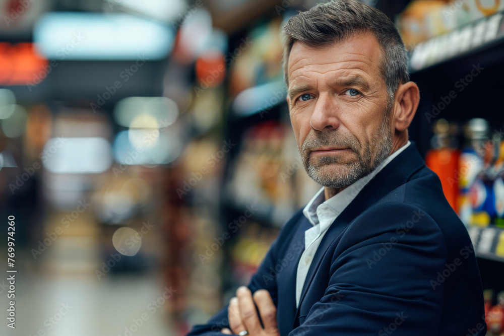 Portrait of mature businessman standing in aisle of supermarket and looking at camera
Portrait of mature businessman standing in aisle of supermarket and looking at camera
