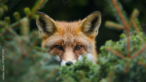 A red fox peeking through green leaves, its gaze direct and alert.