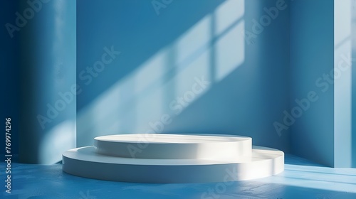 Round white wooden podium on light blue background with thin round white border and three glass bubble. Perfect platform for showing your products ai generated 