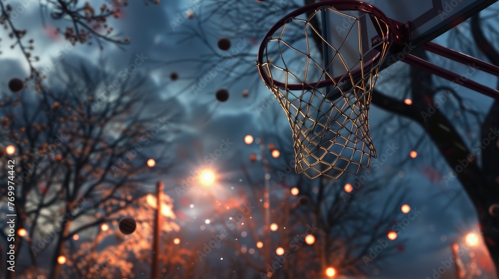 Realistic portrayal features swaying net, symbolizing the challenge and excitement of basketball showdowns.