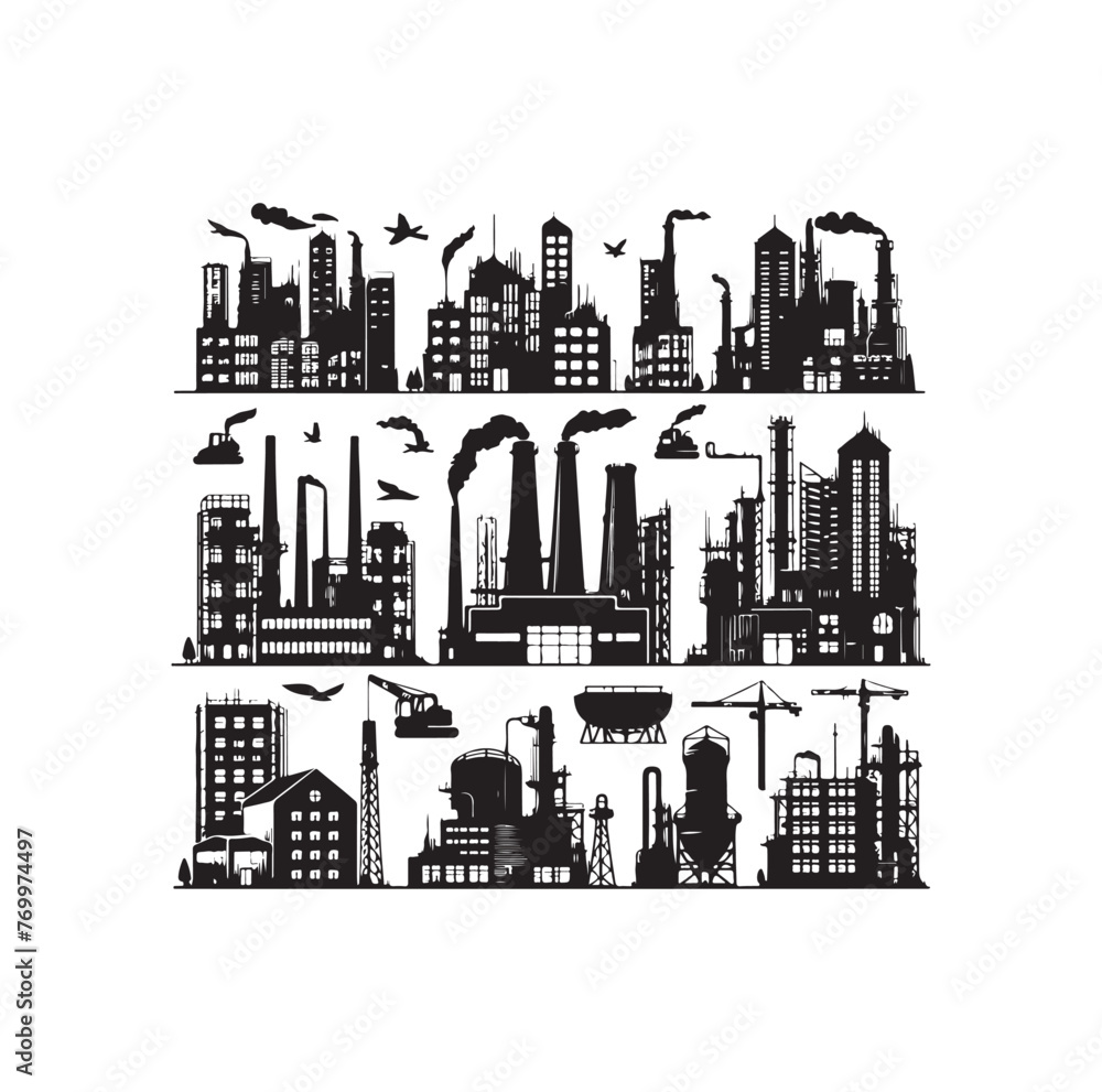 Obraz premium Industrial buildings icons vector silhouette set illustration