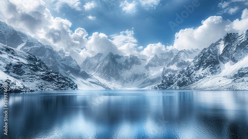 A pristine lake surrounded by snow-covered peaks, captured in breathtaking HDR detail.