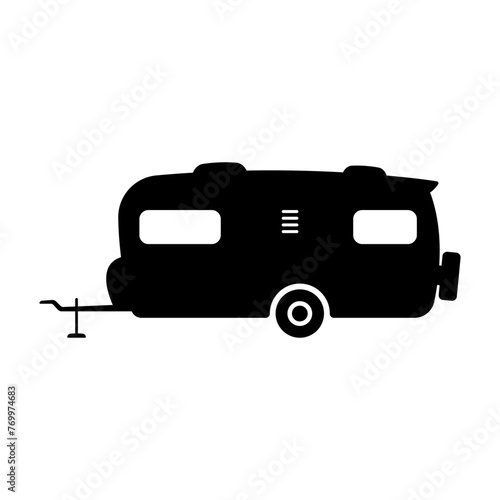 Motorhome trailer icon. Caravan, camper. Black silhouette. Side view. Vector simple flat graphic illustration. Isolated object on a white background. Isolate.