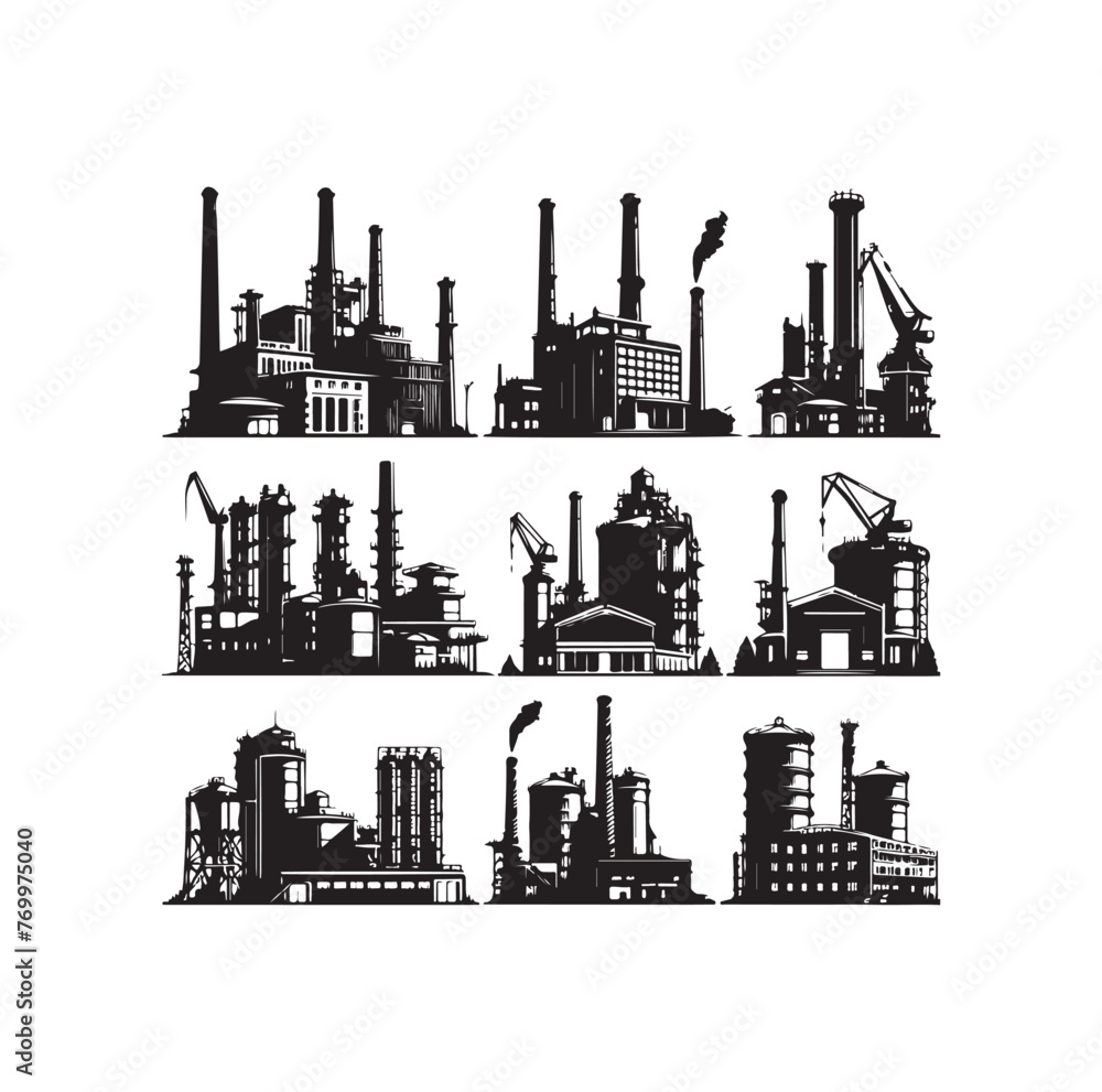 Industrial buildings icons vector silhouette set illustration Industrial buildings icons vector silhouette set illustration
