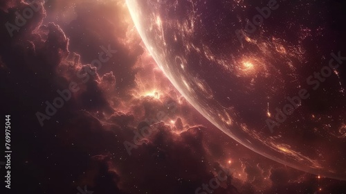 Ethereal nebulae merging, stellar nursery scene, contrasting cool and warm cosmic tones, sparkling astral bodies, backdrop for sci-fi exploration themes, narrative space.