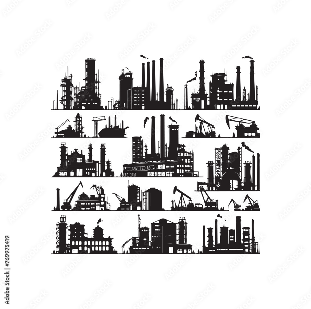 Naklejka premium Industrial buildings icons vector silhouette set illustration