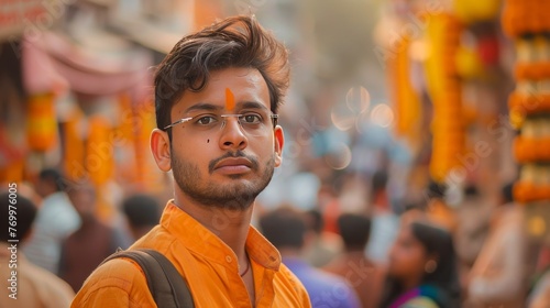 Vibrant Elegance: Young Indian Man Captured Amid a Crowd, Embracing Orange Tones generative ai