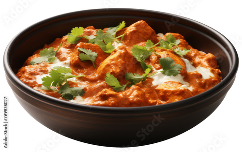 A brown bowl filled with food and garnished with fresh cilantro, ready to be enjoyed