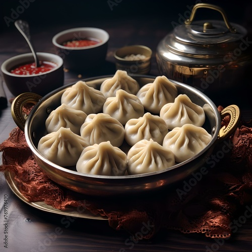 Traditional steamed dumplings served in a metal dish with dipping sauce photo