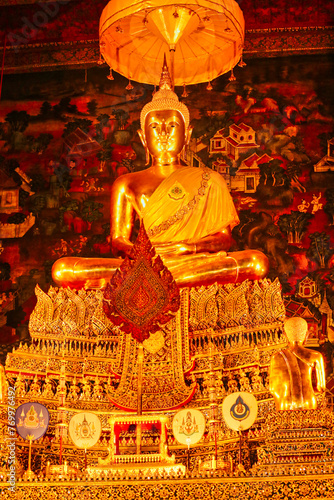 Buddha Main Golden Deity inside Wat Pho otherwise called Phra Buddha Theva Patimakorn Inside the Ubosot or main sanctum at Bangkok, Thailand