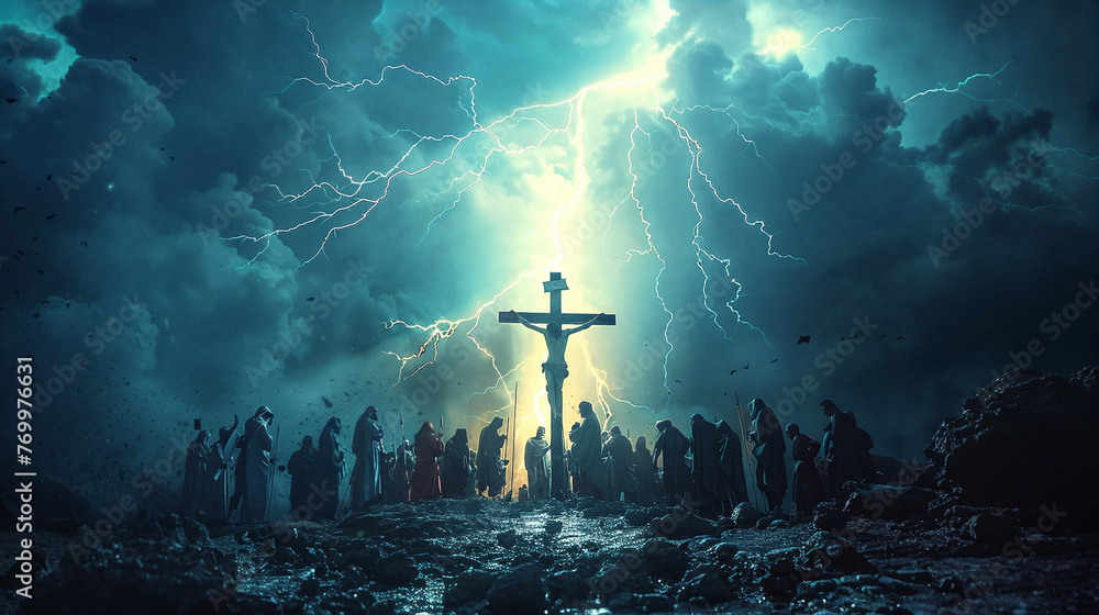 Lightning strikes the cross on which Jesus Christ was crucified. A dramatic depiction of a biblical story. AI Generative - obrazy, fototapety, plakaty 