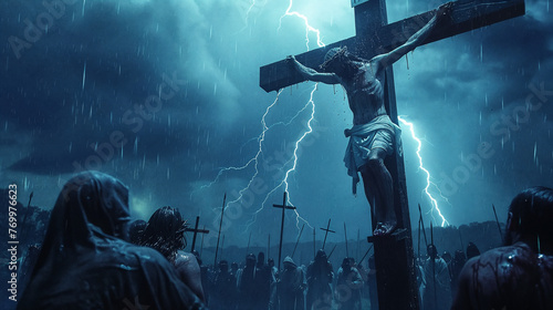 Lightning strikes the cross on which Jesus Christ was crucified. A dramatic depiction of a biblical story. AI Generative