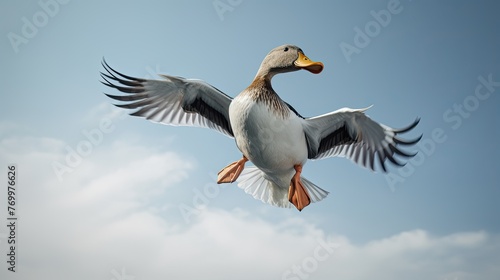 an ultra hyper realistic, minimalist, low angle view of duck falling from sky like being shot. 