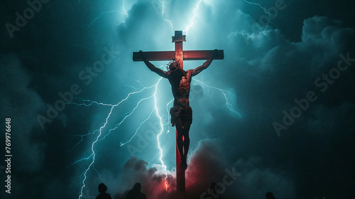 Lightning strikes the cross on which Jesus Christ was crucified. A dramatic depiction of a biblical story. AI Generative