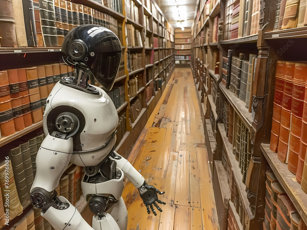 Fototapeta premium AI-Generated Image: Robot Exploring Ancient Archives in a Historic Library