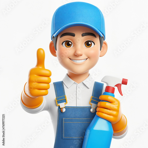 Smiling cleaner showing thumbs up holding plastic sprayer of glass cleaner, 3d style character isolated on white