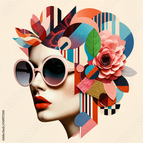 Fashion girl abstract portrait  retro style trendy paper collage with texture variations  mixed art