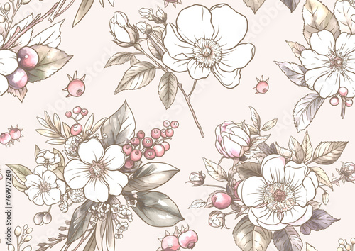 Boutonniere of wild rose flowers and berries Seamless pattern, background. Outline hand drawing vector illustration. In botanical style