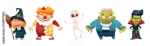 Funny Halloween Character with Witch, Clown, Skeleton and Dracula Vector Set