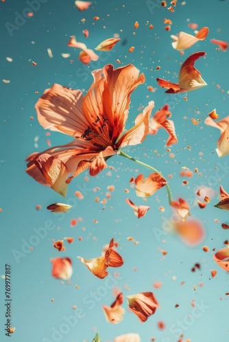 Creative love concept of fresh Spring flowers in the sky background. Love, happy Valentine's Day an exploding bouquet. Pastel blue background