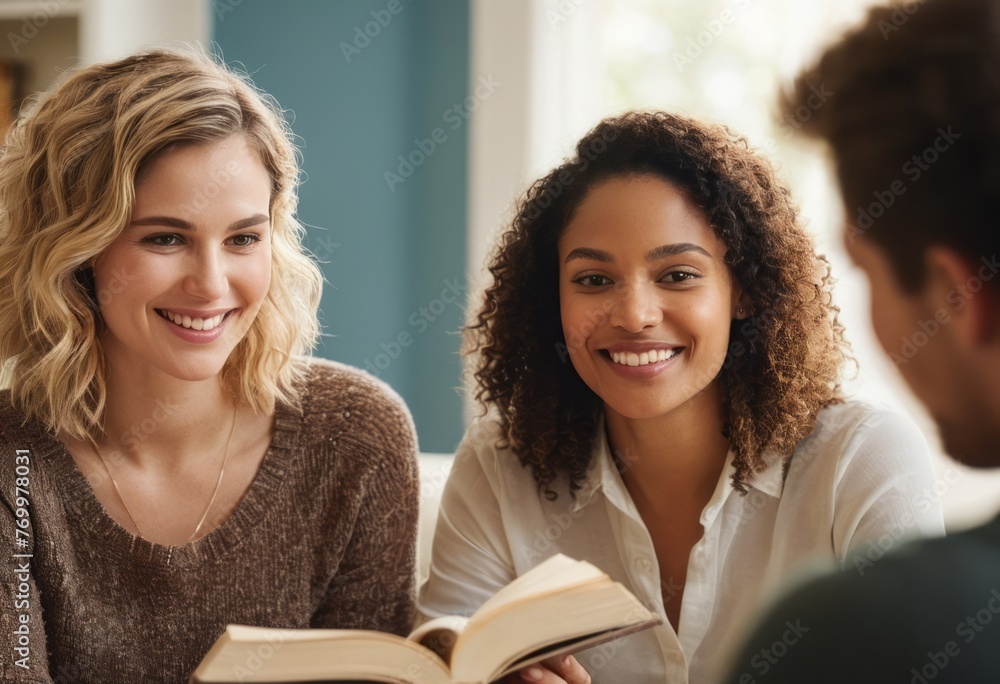 A diverse group of students engages in a group study session in a library, discussing and learning together. A diverse group of students engages in a group study session in a library, discussing and learning together.