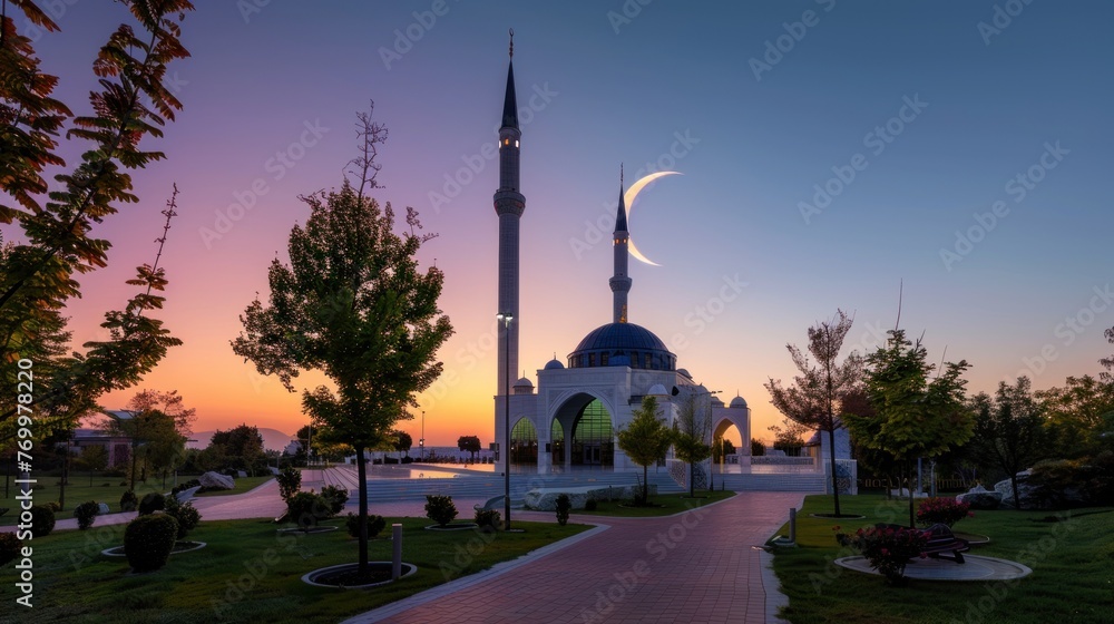 mosque with a crescent moon in ramadhan