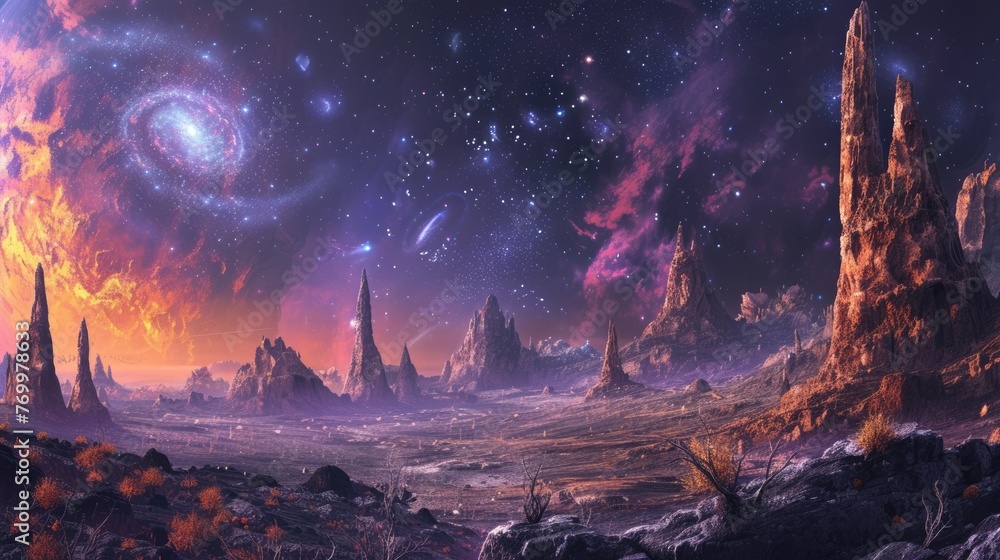 A desolate alien desert stretches out, marked by towering rock formations, under a surreal sky graced by the dramatic presence of nearby planets and celestial bodies. Resplendent.