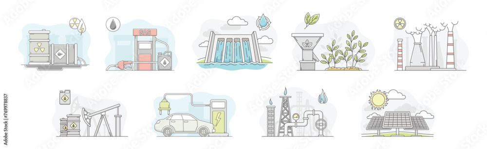 World Natural Renewable Resource and Energy Line Vector Set
