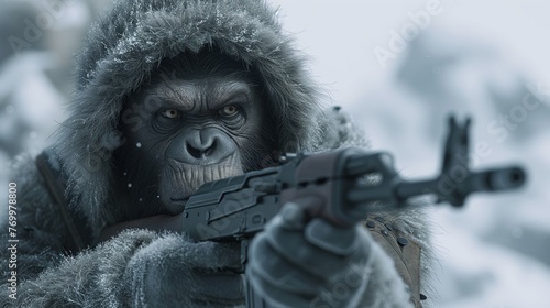 A monkey shoots a gun on a snowy battlefield.