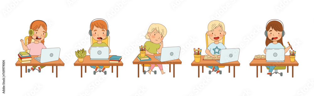 Children Learn from Home Having Remote Class Vector Set Children Learn from Home Having Remote Class Vector Set