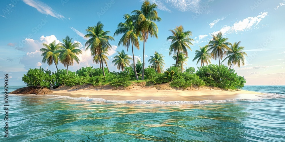A tranquil beach scene with palm trees, clear blue waters, and distant islands on the horizon. - obrazy, fototapety, plakaty 