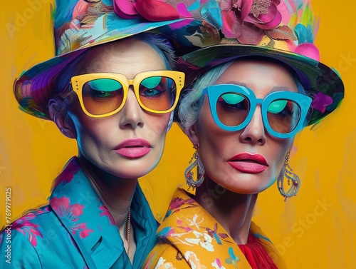 Portrait of very fashionable lesbian couple, pastel vibrant colors