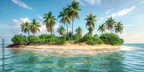 A tranquil beach scene with palm trees  clear blue waters  and distant islands on the horizon.