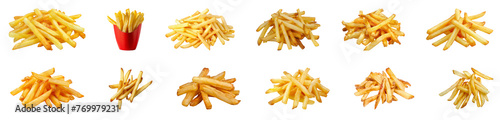 Piles of crispy french fries isolated cut out on transparent background