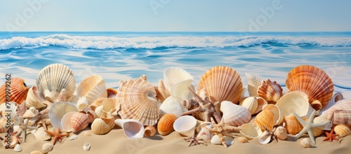 An array of sea shells scattered on the sandy beach, framed by the vast ocean and clear sky on the horizon. A beautiful natural coastal landscape, perfect for art inspiration and peaceful travel photo