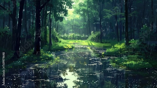 Enchanted forest trail with sunshine and pond - A captivating forest scene with a glittering pond reflecting sunlight amidst towering trees and lush greenery