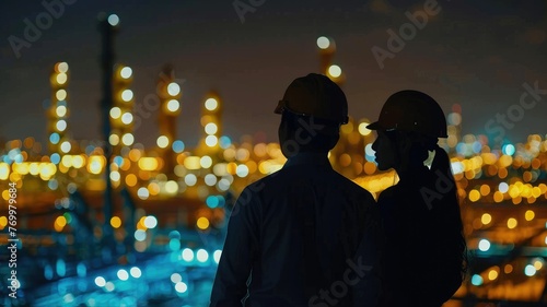 Engineers standing against the oil refinery lights - An industrial backdrop illuminated by lights, where two engineers in safety gear stand in contemplation