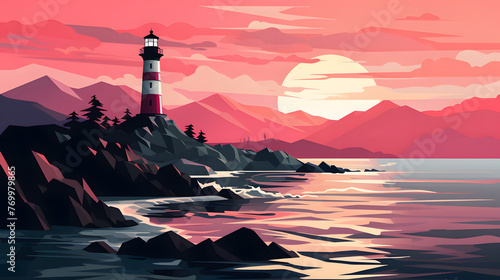 a lighthouse silhouette is shown with mountains in the background