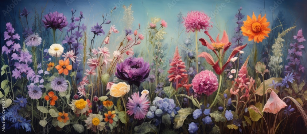 A vibrant painting depicting a field of colorful flowers, including violet, magenta, and other flowering plants, set against a serene blue background - obrazy, fototapety, plakaty 