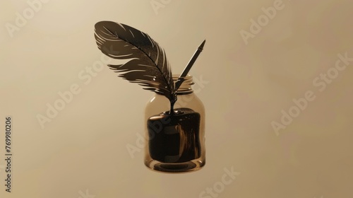 glass jar with ink and a quill pen