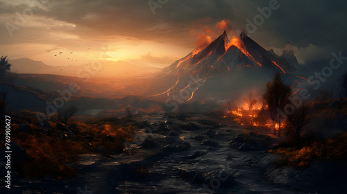 a scene of a volcanic landscape