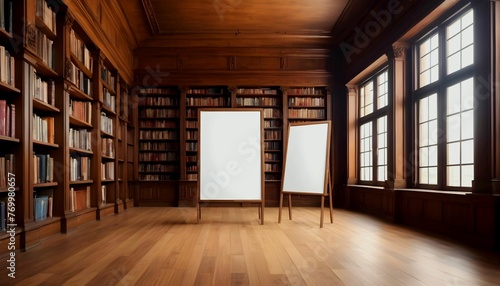 Blank empty white poster sign billboard mockup in old library, bookstore with hardwood floors and bookshelves for world book day created with generative ai