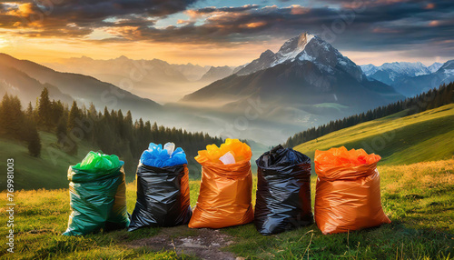 Five Colorful plastic garbage bags in pristine mountain landscape at sunrise, highlighting environmental conservation efforts. photo