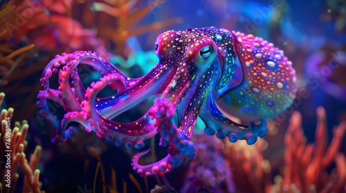 Flamboyant cuttlefish spreading tentacles, underwater marvel, psychedelic coloration, coral reef background, 4k, 8k. --ar 16:9 --v 6 Job ID: 2ed95311-8623-4892-baa5-926677f60e5d