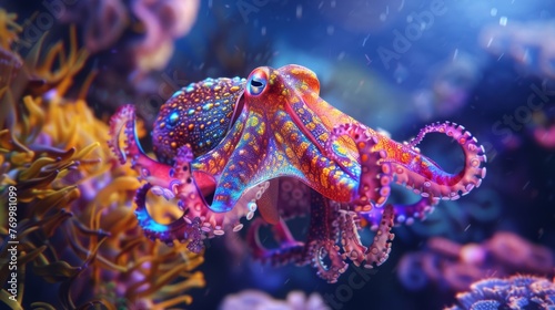 Vibrant Cuttlefish in Colorful Coral Reef - Aquatic Marvel: Majestic Display of Marine Life Amidst Nature's Beauty, with Dancing Fish, Swirling Seaweed, and Tranquil Undersea Serenity