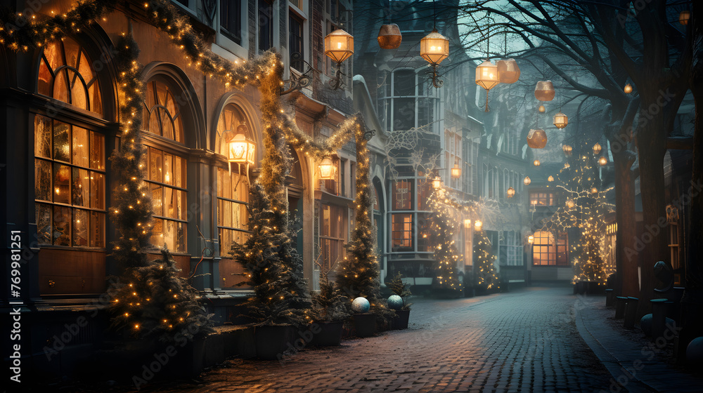 a street with christmas decorations on it a street with christmas decorations on it
