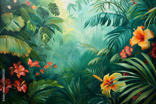 A painting of a jungle with a variety of flowers and plants