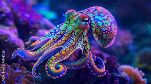 Vibrant Cuttlefish in Colorful Coral Reef - Aquatic Marvel: Majestic Display of Marine Life Amidst Nature's Beauty, with Dancing Fish, Swirling Seaweed, and Tranquil Undersea Serenity