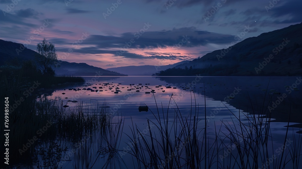 Dusk settling over a remote lakeside, with the last light of day casting reflections on the water. Dusk settling over a remote lakeside, with the last light of day casting reflections on the water.